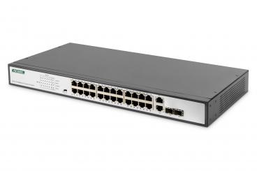 24 portlu Hızlı Ethernet PoE ağ anahtarı, 19 inç, yönetilmeyen, 2 GE uplink portu, SFP, 370 W, af/at 